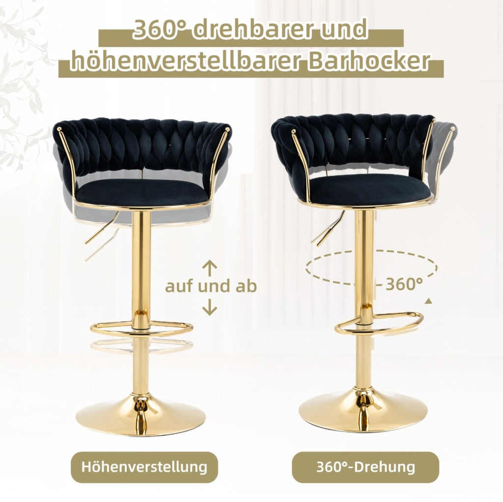 Sgabello da bar girevole 360° regolabile in altezza con schienale; velluto nero e base oro