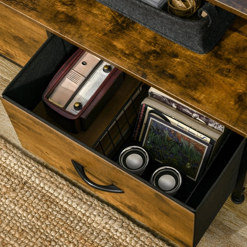 Cassettiera in tessuto con 3 cassetti, ripiano superiore e struttura in acciaio, colore marrone