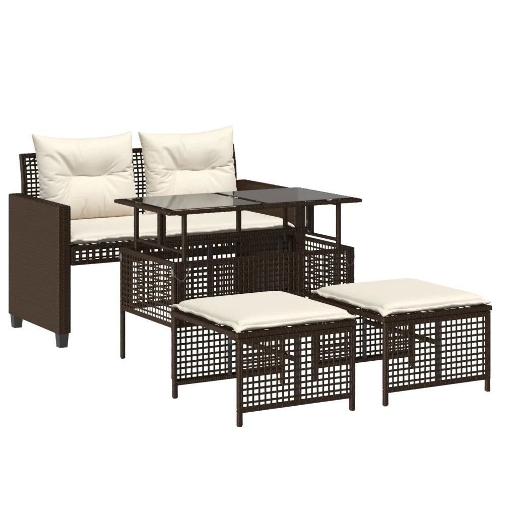 Set Divano da Giardino 4 pz Cuscini Marrone Polyrattan e Vetro 368135