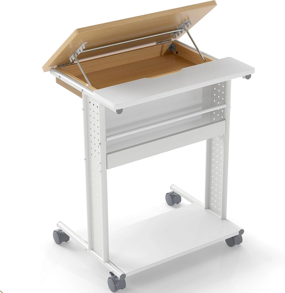 Tavolino con ruote, tavolo per computer con piano inclinabile a 6 posizioni, tavolo per PC con scomparto nascosto e 2 ripiani aperti, tavolo per computer portatile, tavolo da letto a forma di