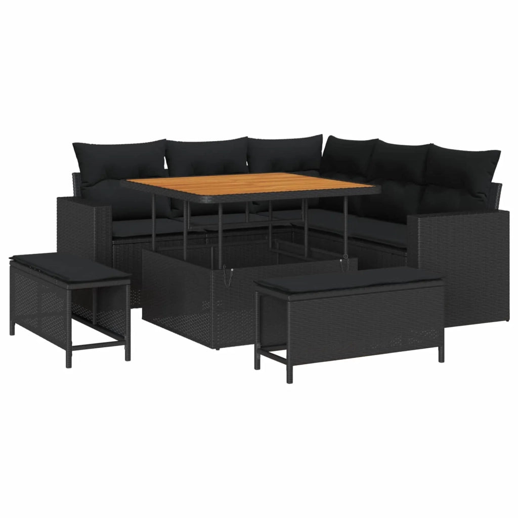 Set Divano da Giardino con cuscino 9 pcs Nero polyrattan