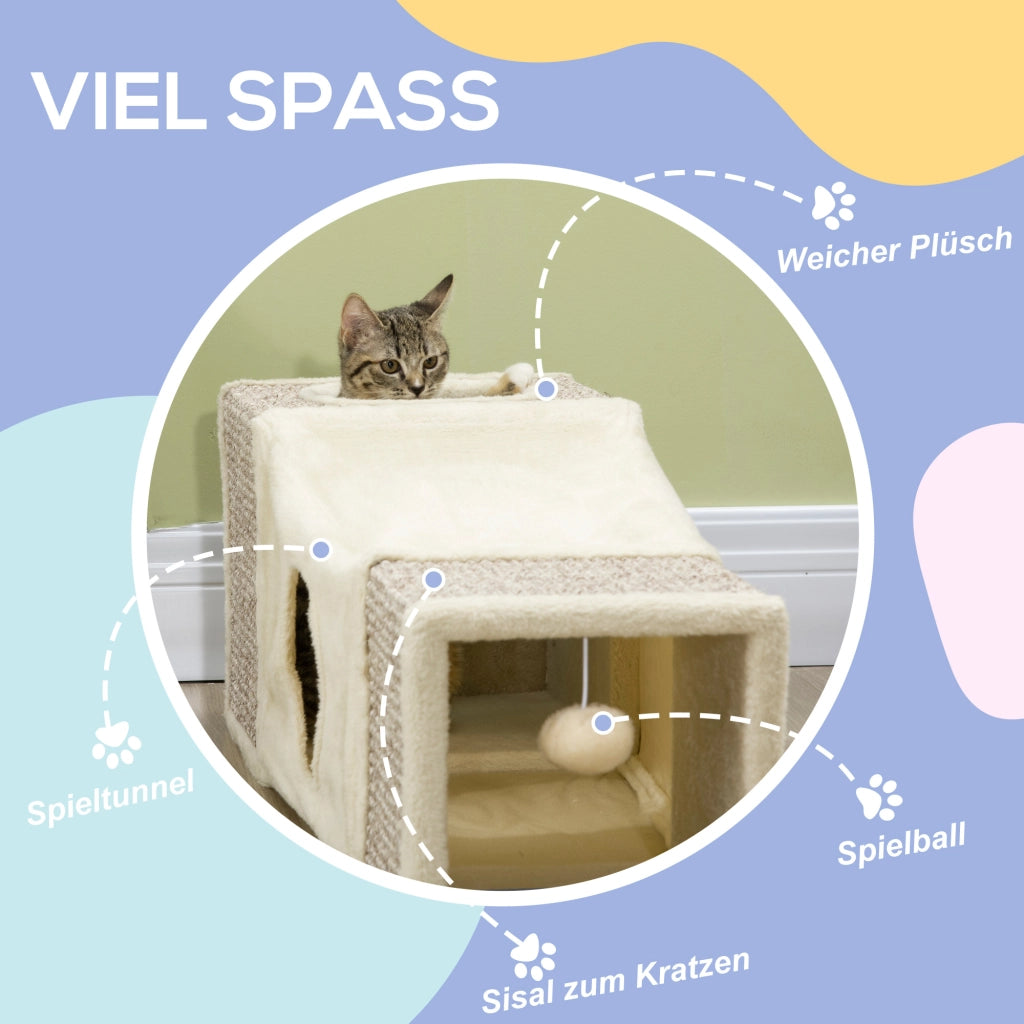 Tunnel per Gatti con 2 Cucce, Superfici Tiragraffi e Gioco con Palla ¨C Xylo ¨C 98x30x30 cm Marrone Beige
