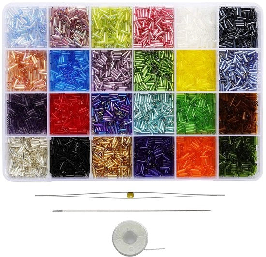 Set di perle in vetro con ago da appendere 7200 pezzi, 24 colori, lunghezza 6 mm, perle, rocailles, perle a buco per la creazione di accessori di moda