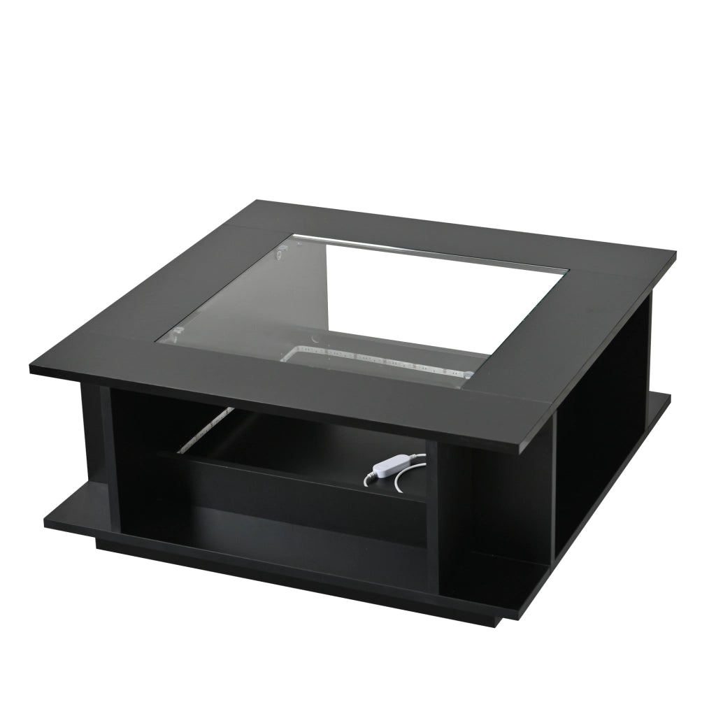 Tavolino da salotto quadrato con vani aperti e spazio laterale; piano in vetro; LED; nero 70 × 70 × 30 cm