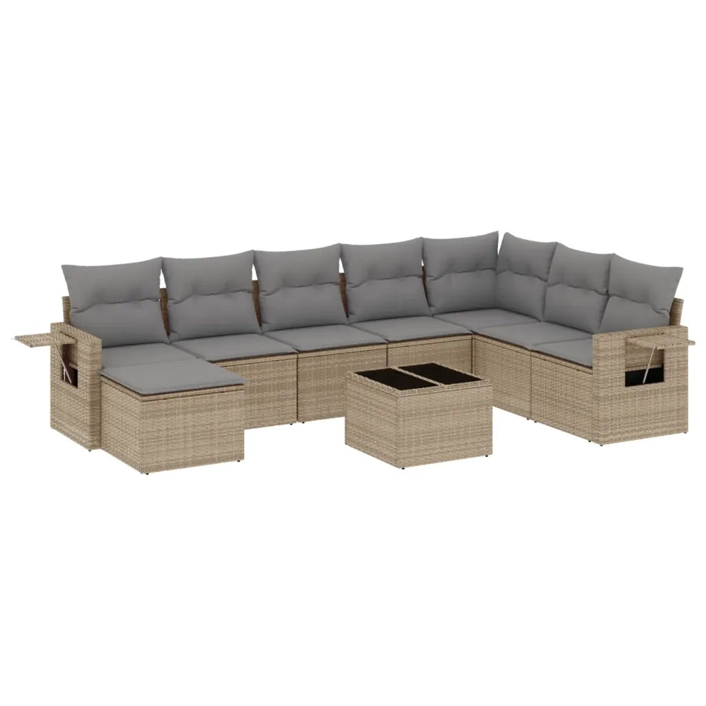 Set Divano da Giardino 9 pz con Cuscini Beige in Polyrattan