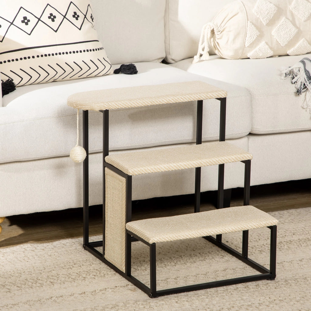 Scala per Gatti 3 Gradini con Giocattolo Sospeso e Tiragraffi ¨C Minimal ¨C 47x45x47 cm Crema e Nero