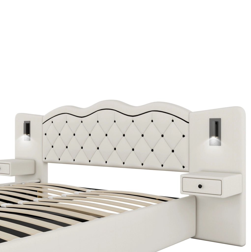 Letto imbottito ULEVR 180x200 cm beige con contenitore idraulico, USB e luci laterali integrate