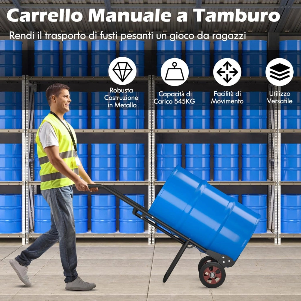 Carrello Porta Fusto, Carrello Porta Fusti con 2 Ruote in Gomma e Impugnature in EVA Ganci a Molla, Capacità di Carico 545 kg