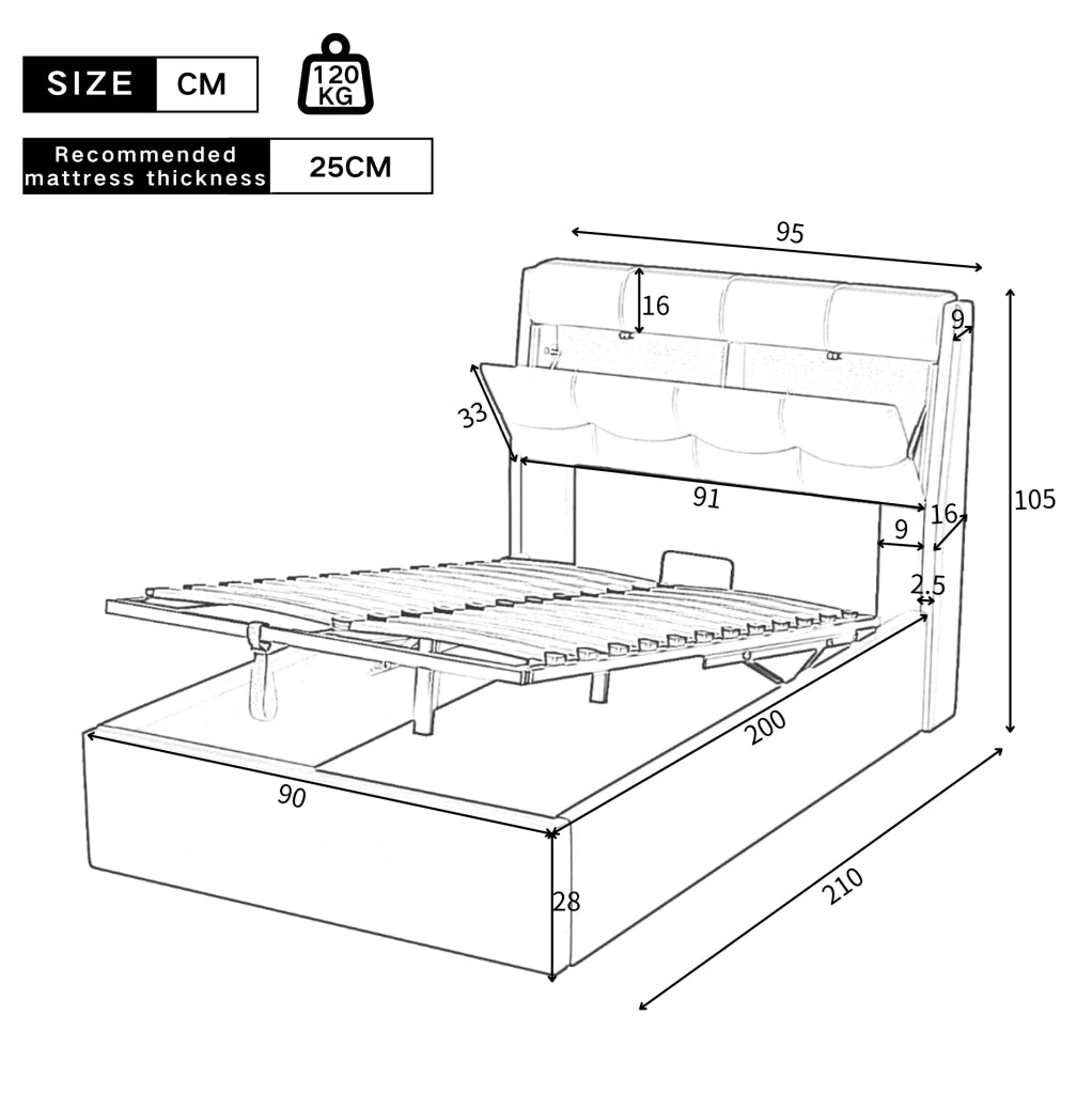 Letto singolo 90x200 cm con contenitore e sollevamento idraulico; similpelle bianco