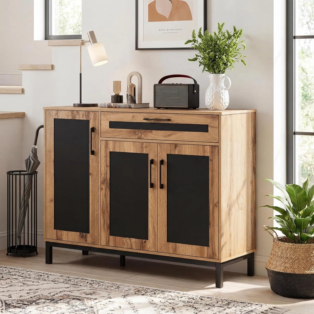 Credenza Buffet da 120 cm, Mobile Bar in Legno con Cassetto, 3 Ante, Ripiani e Gambe in Metallo, Mobile Contenitore in Stile Farmhouse per Cucina, Sala da Pranzo e Soggiorno