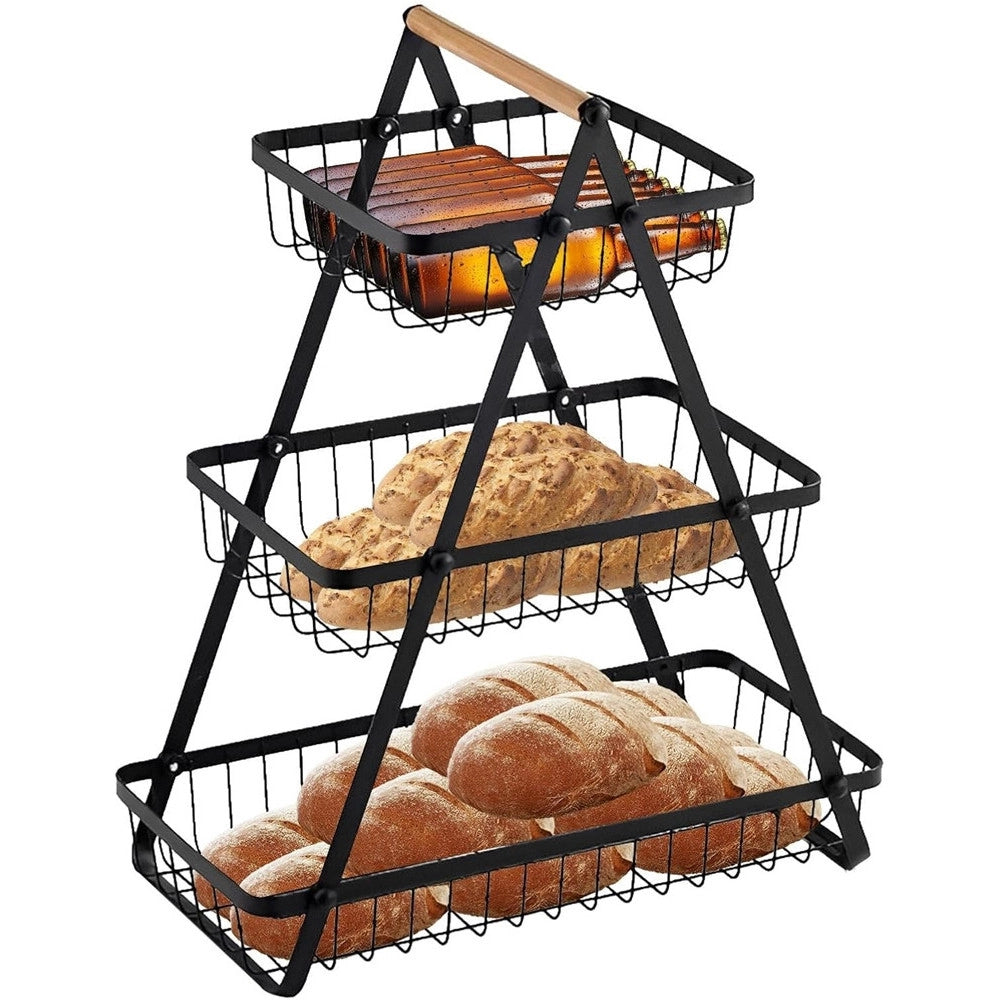 Trade Shop - Cestino Porta Frutta Rettangolare A 3 Ripiani Con Manico Legno Decorazione Cucina Casa -
