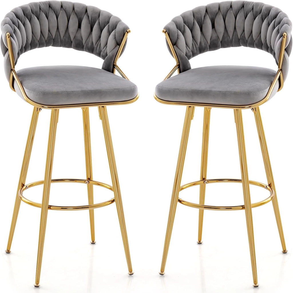 Set di 2 Sgabelli Bar in Velluto, Sgabello Bar di 73 cm con Schienale Intrecciato e Gambe in Metallo, con Schienale e Piedini Regolabili, per Cucina, Sala da Pranzo, Portata 200 kg(Bianco)
