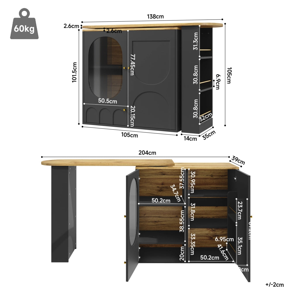 Mobile bar 138x39x105 cm girevole 360° con ampio spazio di contenimento in MDF e metallo nero