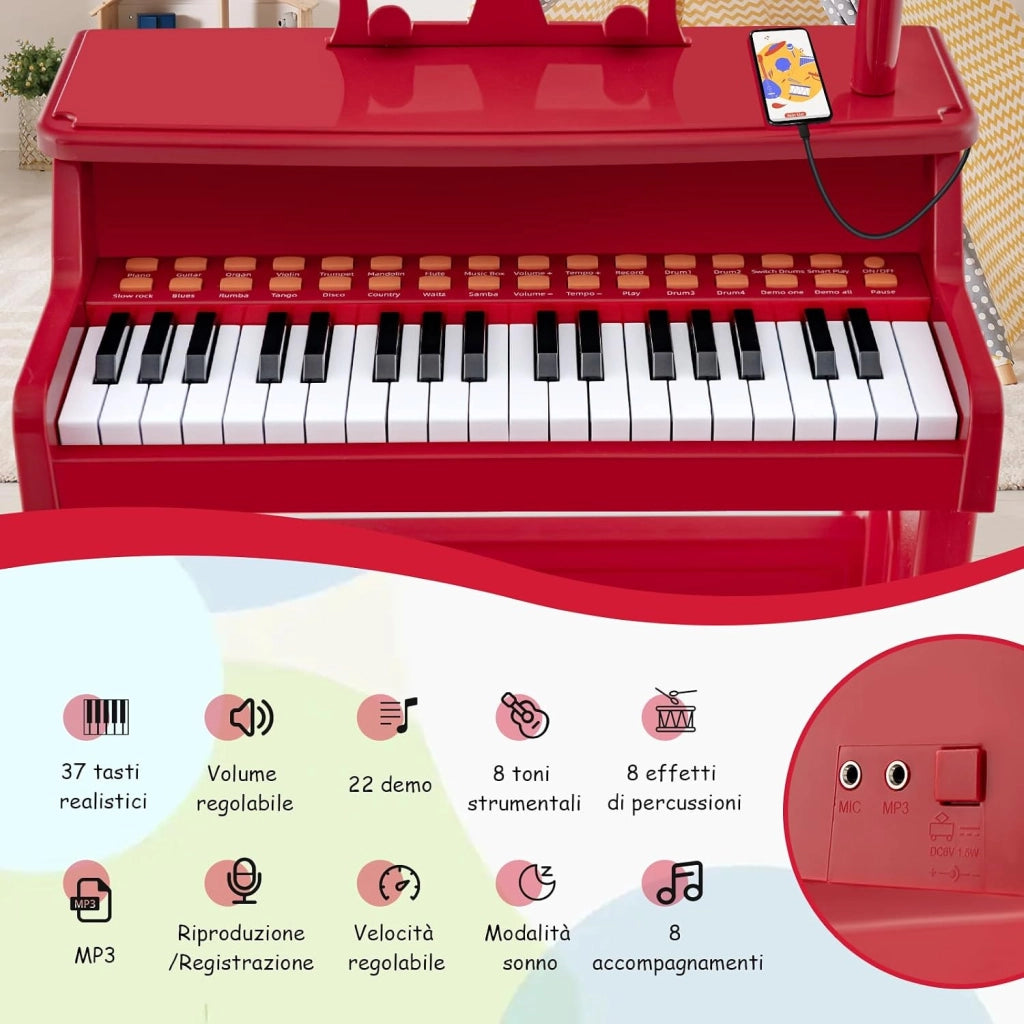 Set Pianoforte Elettrica a 37 Tasti, Tastiera Digitale con Microfono Regolabile, Supporto Rimovibile, Funzioni di Record e Playback, Pianoforte Giocattolo per Bambini 3+Anni (Rosso)
