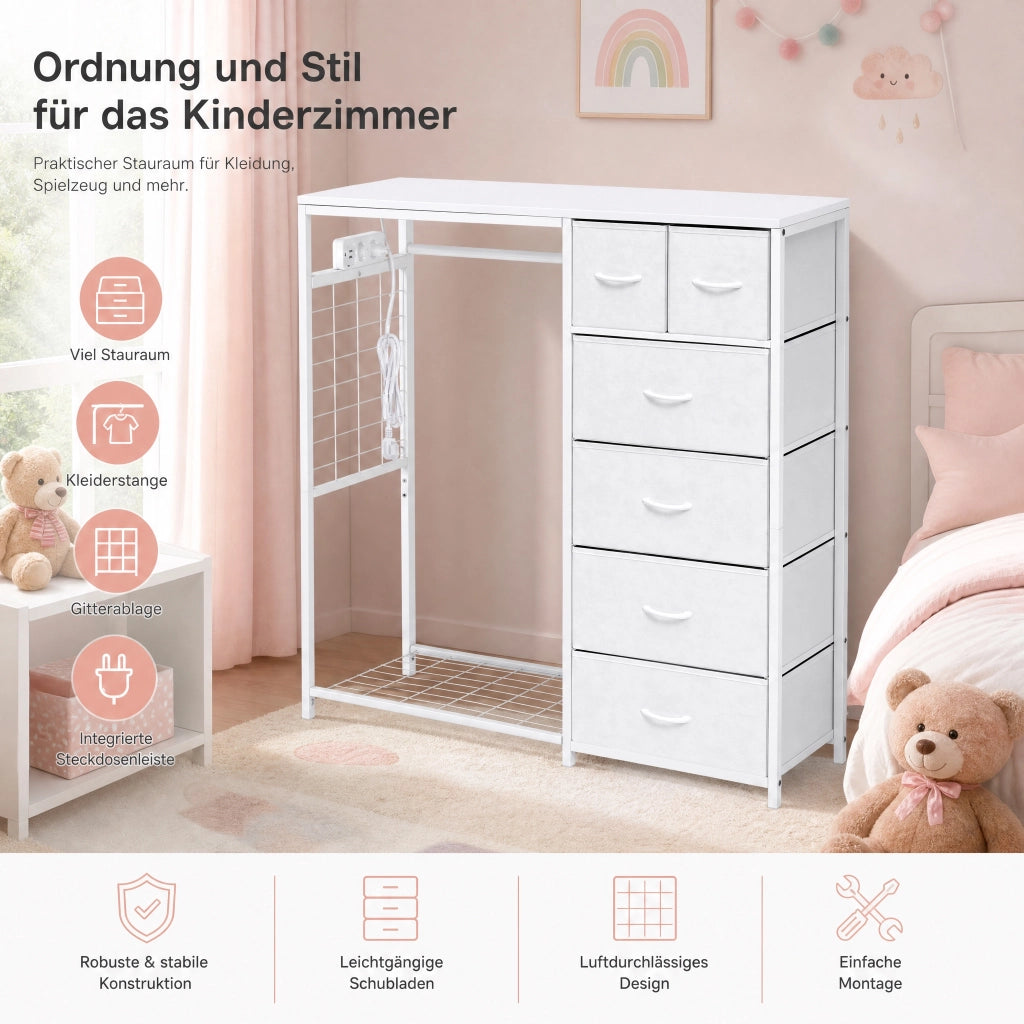 ARMADIO per bambini con 6 cassetti, asta appendiabiti e presa elettrica, bianco