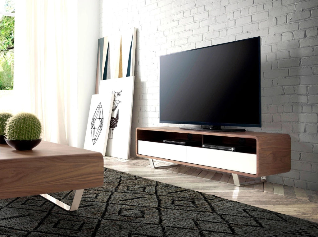 Porta TV in legno bianco, noce e acciaio cromato