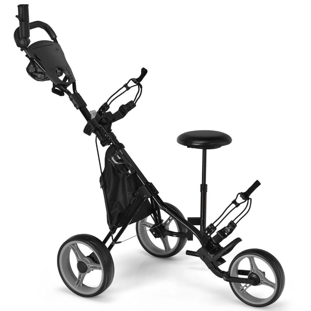 Carrello da golf pieghevole con 3 ruote e altezza regolabile, Carrello da golf con porta ombrello e sedile Grigio-Golf