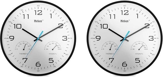 Orologio analogico per parete con termometro e igrometro, plastico, nero, 30 cm di diametro, 16180 (confezione da 2)