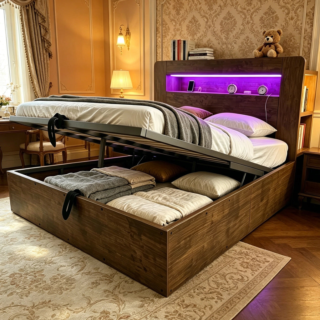 Letto contenitore 140x200 in legno con testiera LED e prese integrate