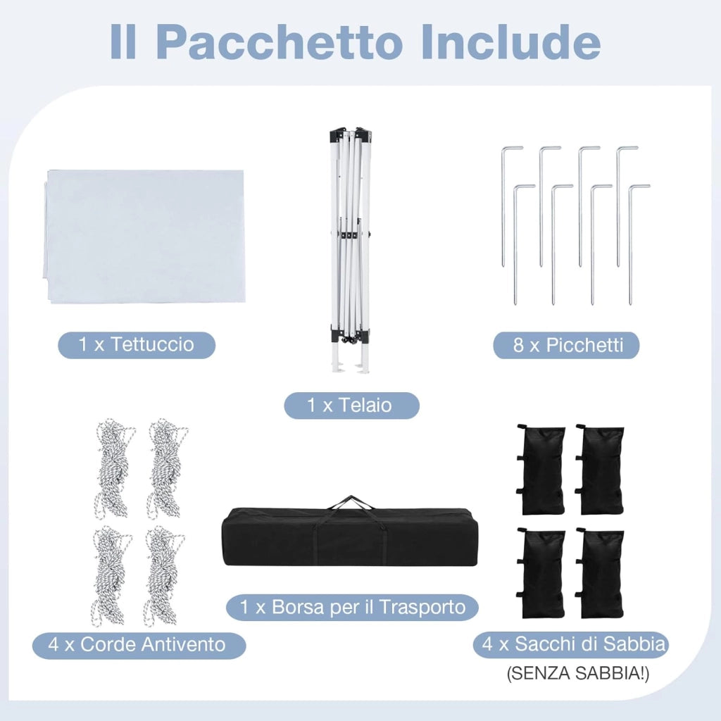 Gazebo da Esterno Pieghevole 290 x 290 cm, Gazebo Pop up con 4 Sacchi di Sabbia e Borsa da Trasporto, Regolabile in Altezza, Telaio Robusto in Metallo, per Mercato, Campeggio (Bianco)