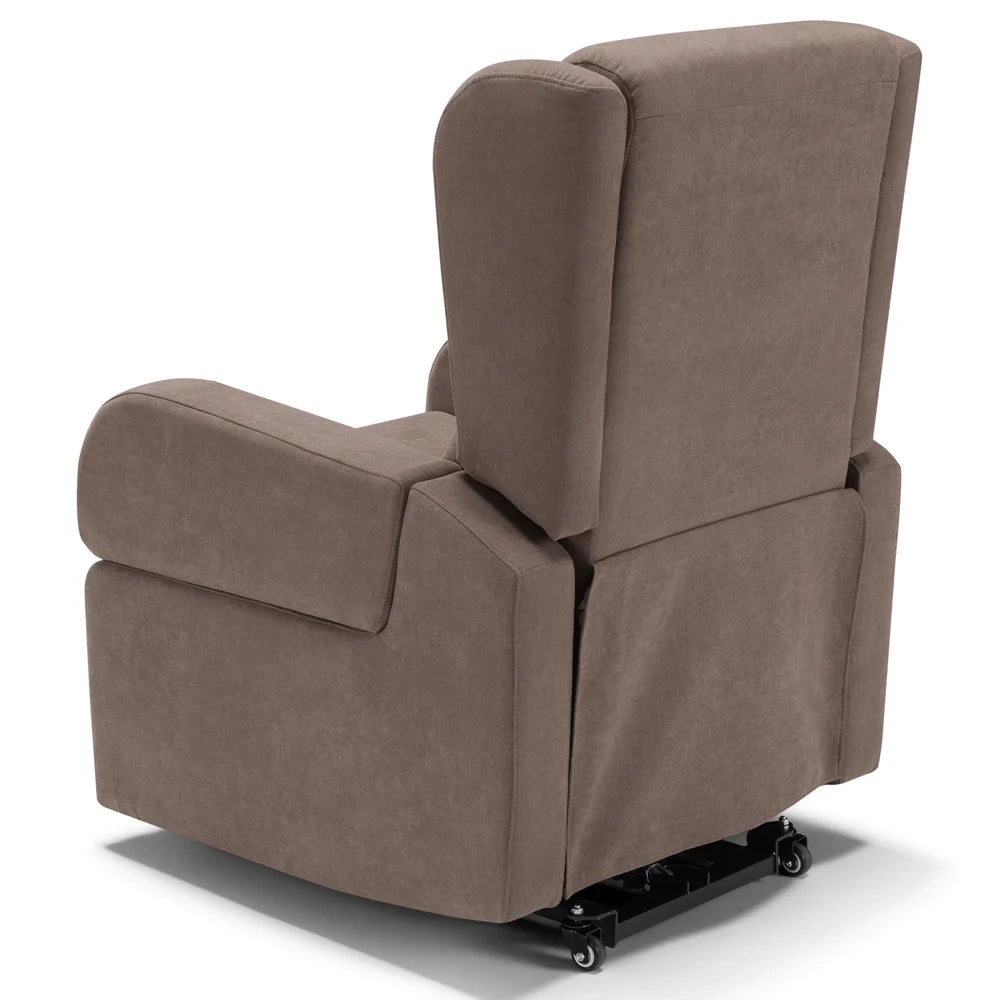 Poltrona relax elettrica Bilbao per anziani, 2 motori, 2 ruote, reclinazione e alzapersona, Tavolino di Servizio, braccioli estrabili, doppia pediera, colore Fango