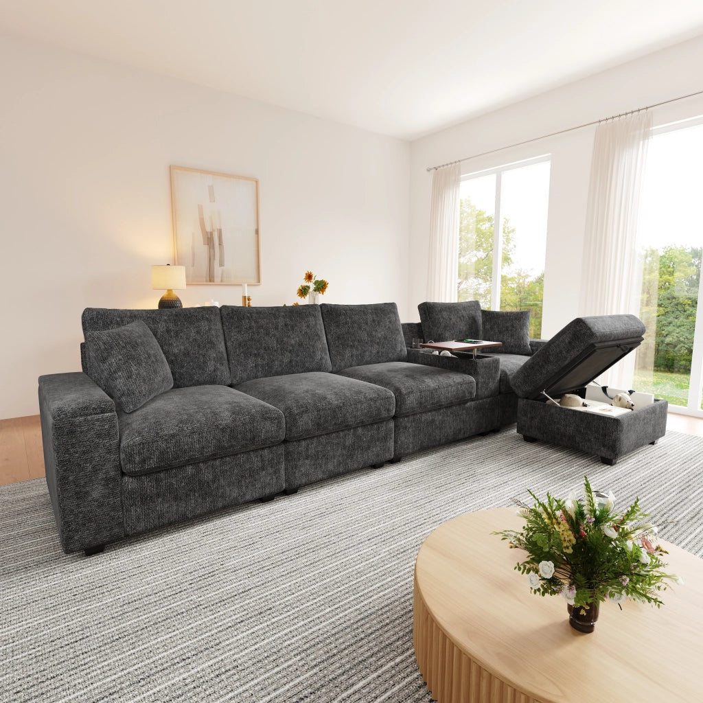 Divano modulare angolare con pouf porta bicchieri USB e tipo C con contenitore in chenille grigio 313 × 147 × 82 cm