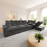 Divano modulare angolare con pouf porta bicchieri USB e tipo C con contenitore in chenille grigio 313 × 147 × 82 cm