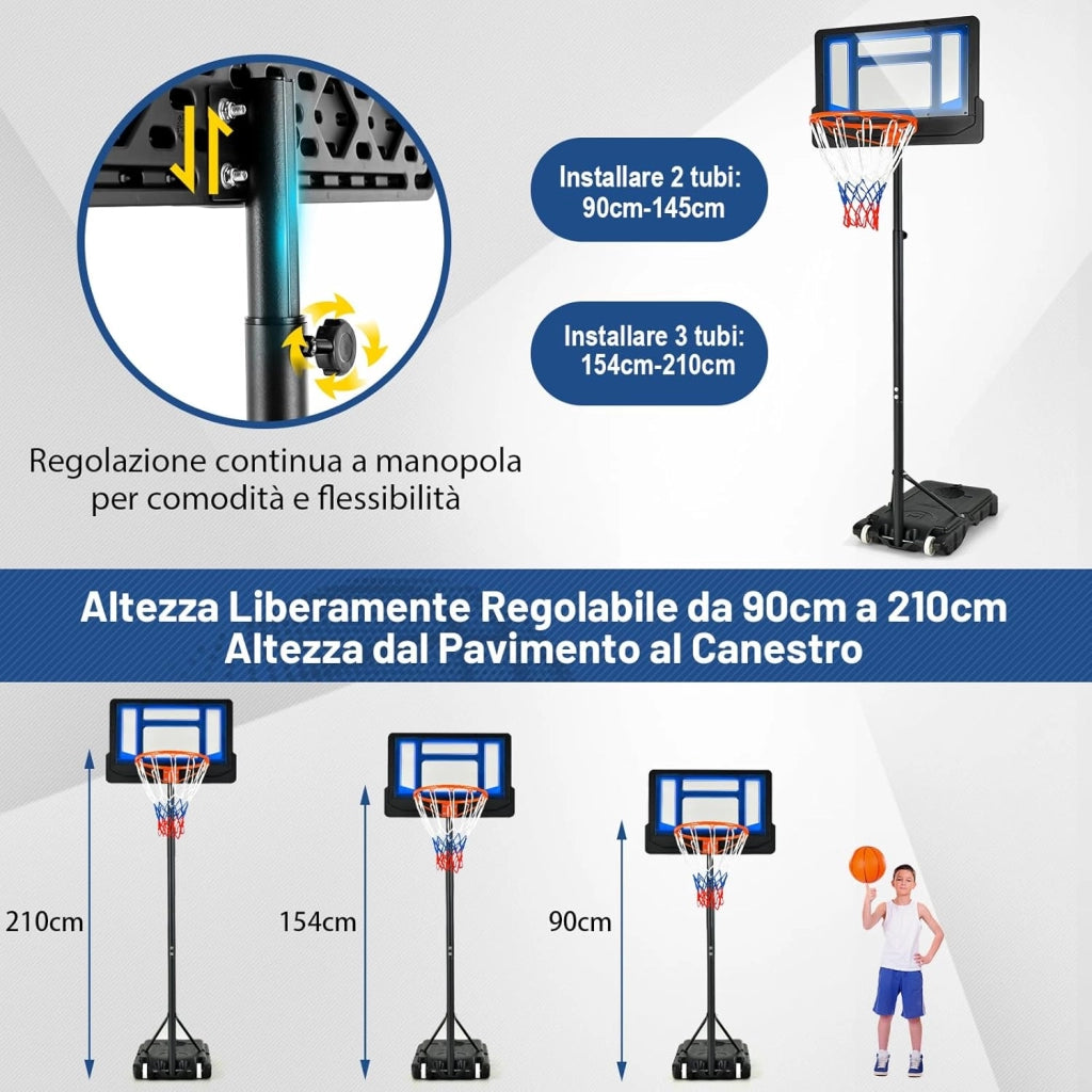 Canestro Basket da Interno ed Esterno Portatile e Regolabile in Altezza 90-210cm, Canestro da Basket per Bambini con Ruote, Incavo per Pallone e Tabellone Infrangibile