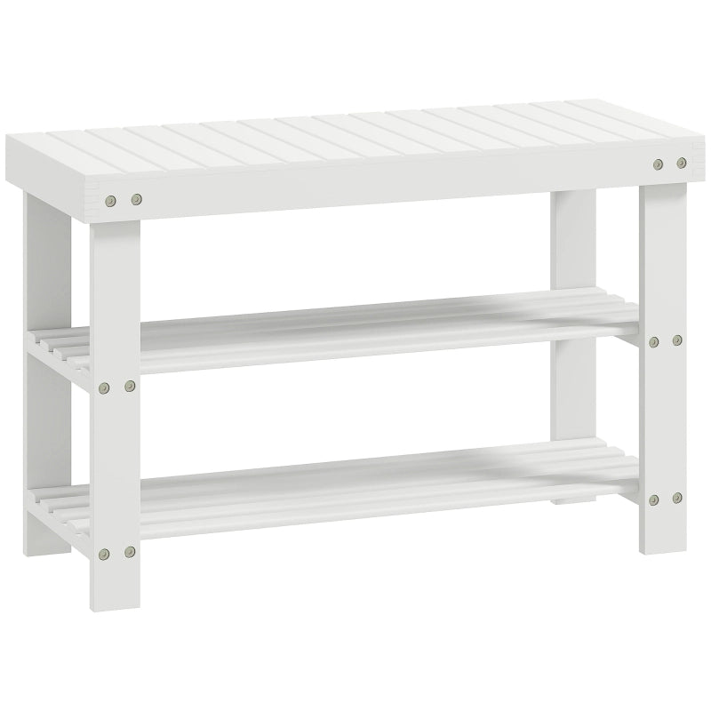 Panca porta scarpe in bamb¨´ con 2 ripiani, panca contenitore, per ingresso, 70x28x45 cm, bianca