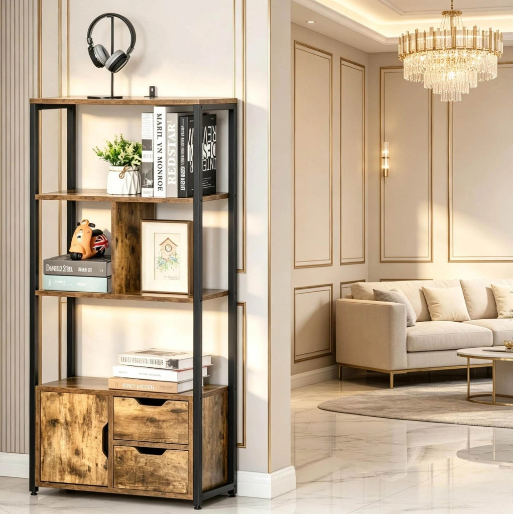 Libreria con Ripiani, Armadietto e Cassetti in Legno e Metallo