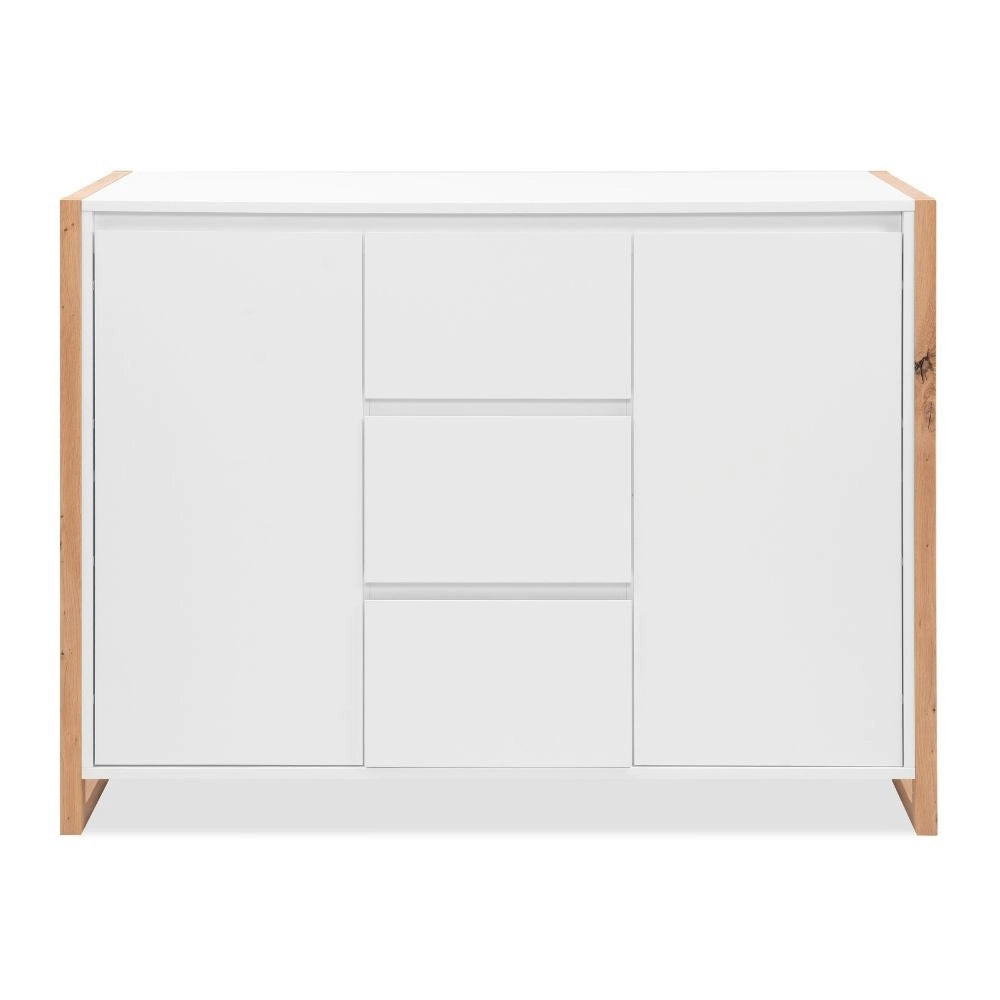 Credenza New Denver2 con 3 cassetti e 2 ante bianco e rovere 120x40x88H