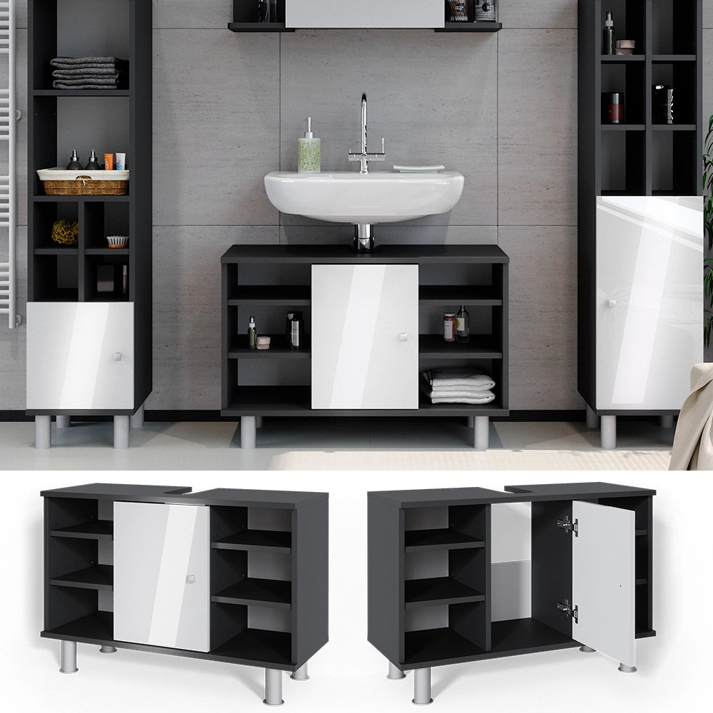 Mobiletto per lavabo Fynn Antracite/Bianco lucido 80 x 54 cm con 6 ripiani Vicco