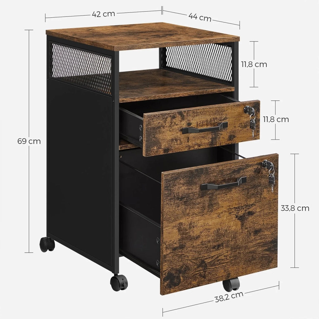 Cassettiera per ufficio con 2 cassetti con serratura 42 x 44 x 69 cm mobiletto portaoggetti per ufficio con ruote scomparto aperto struttura in acciaio stile industriale marrone 12_0004812
