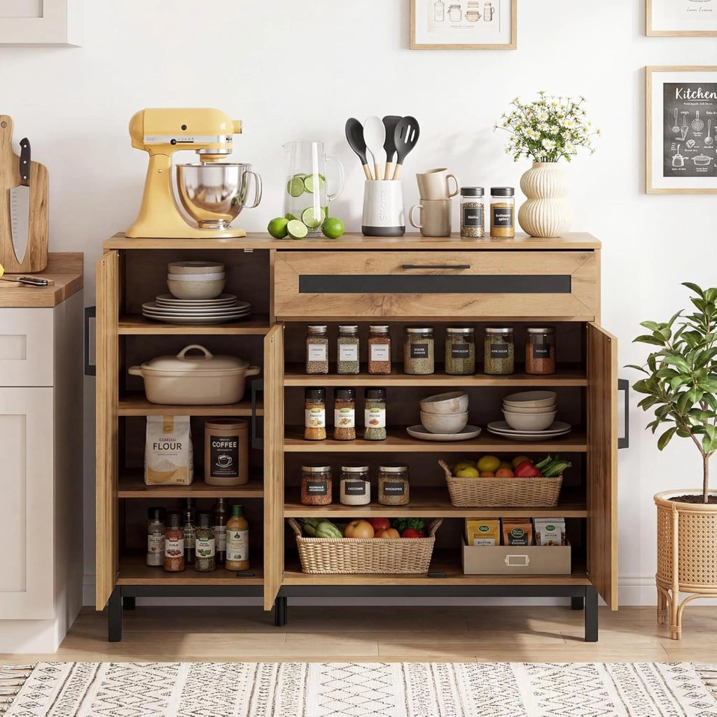 Credenza Buffet da 120 cm, Mobile Bar in Legno con Cassetto, 3 Ante, Ripiani e Gambe in Metallo, Mobile Contenitore in Stile Farmhouse per Cucina, Sala da Pranzo e Soggiorno