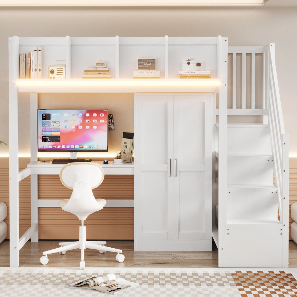 LETTO a soppalco 90x200 cm Bianco in legno con scrivania, armadio, LED e prese