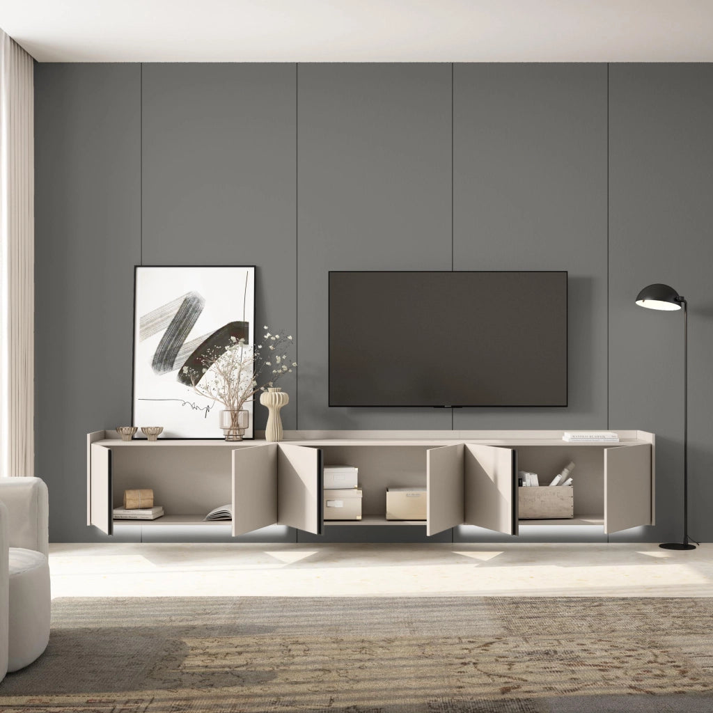 Mobile TV Soggiorno, 309x50x35 cm, Per TV fino a 80", Sospeso, da appendere, LED, Beige