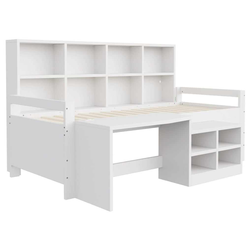Letto multifunzione 90x200 cm con scrivania; vani portaoggetti; LED e prese USB; bianco