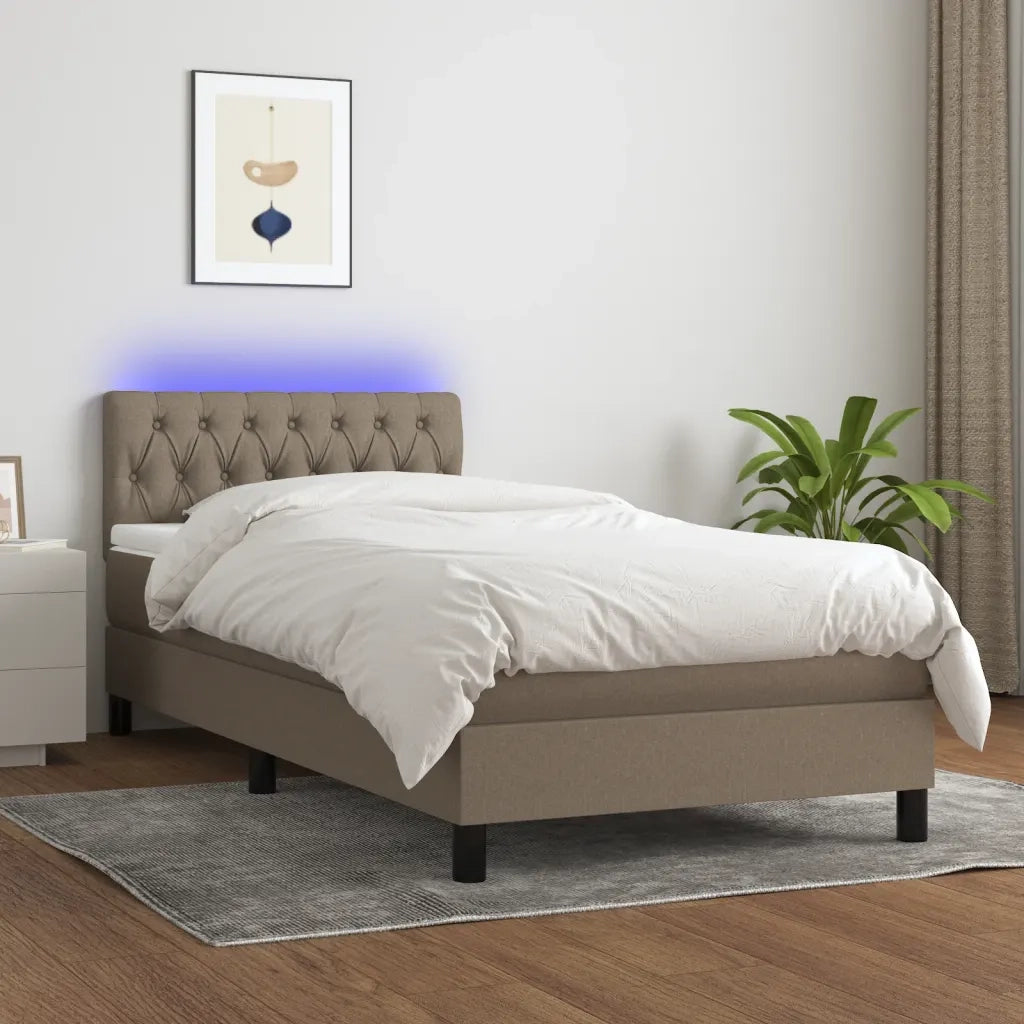 Letto singolo | Letto per adulti | Letto a Molle con Materasso e LED Tortora 90x190 cm in Tessuto