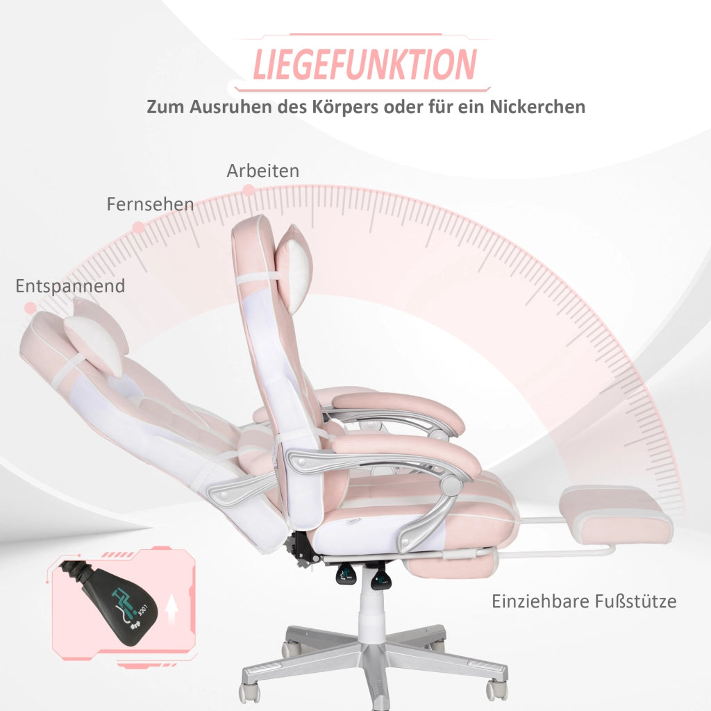 Sedia da gaming girevole con poggiapiedi e schienale reclinabile con cuscini lombare e cervicale in similpelle rosa