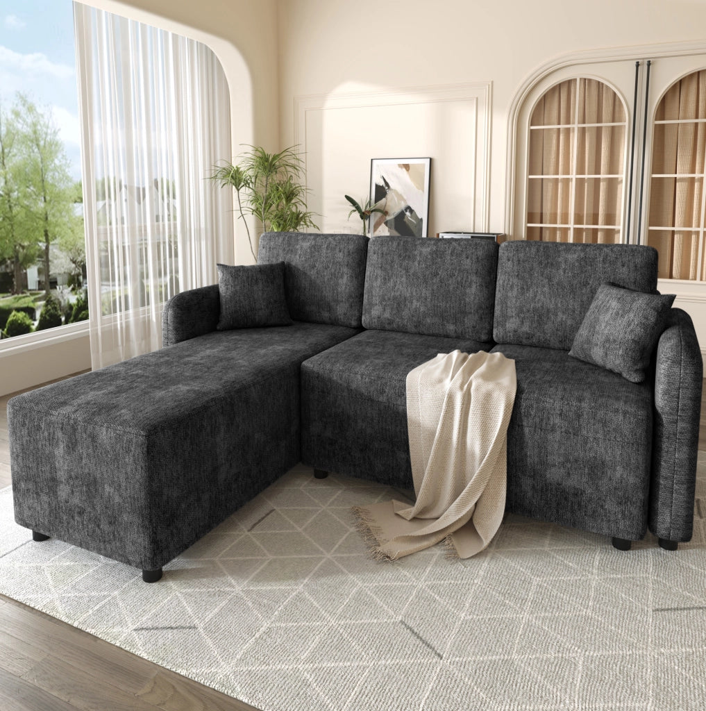 Divano angolare 3 posti nero in ciniglia con chaise longue, 2 cuscini