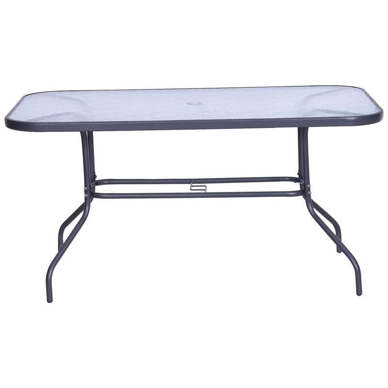 TAVOLO DA ESTERNO IN METALLO E VETRO TEMPERATO CON FORO PER OMBRELLONE 140X80X70CM
