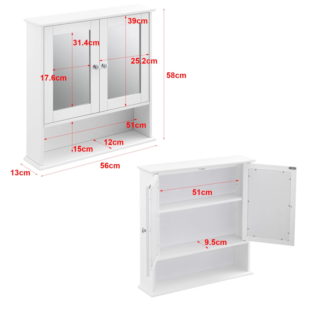 Armadietto Pensile a Bagno con Specchi e Ripiani 58 x 56 x 13 cm Mobiletto a Muro con 2 Ante - Bianco