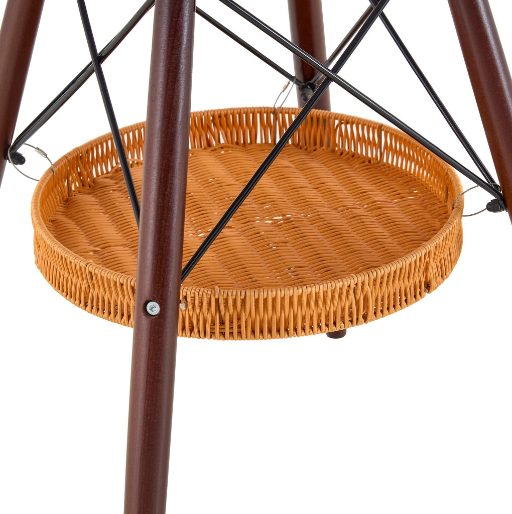 Tavolo rotondo 80 cm in MDF nero con gambe in legno massello effetto noce e cestino sospeso