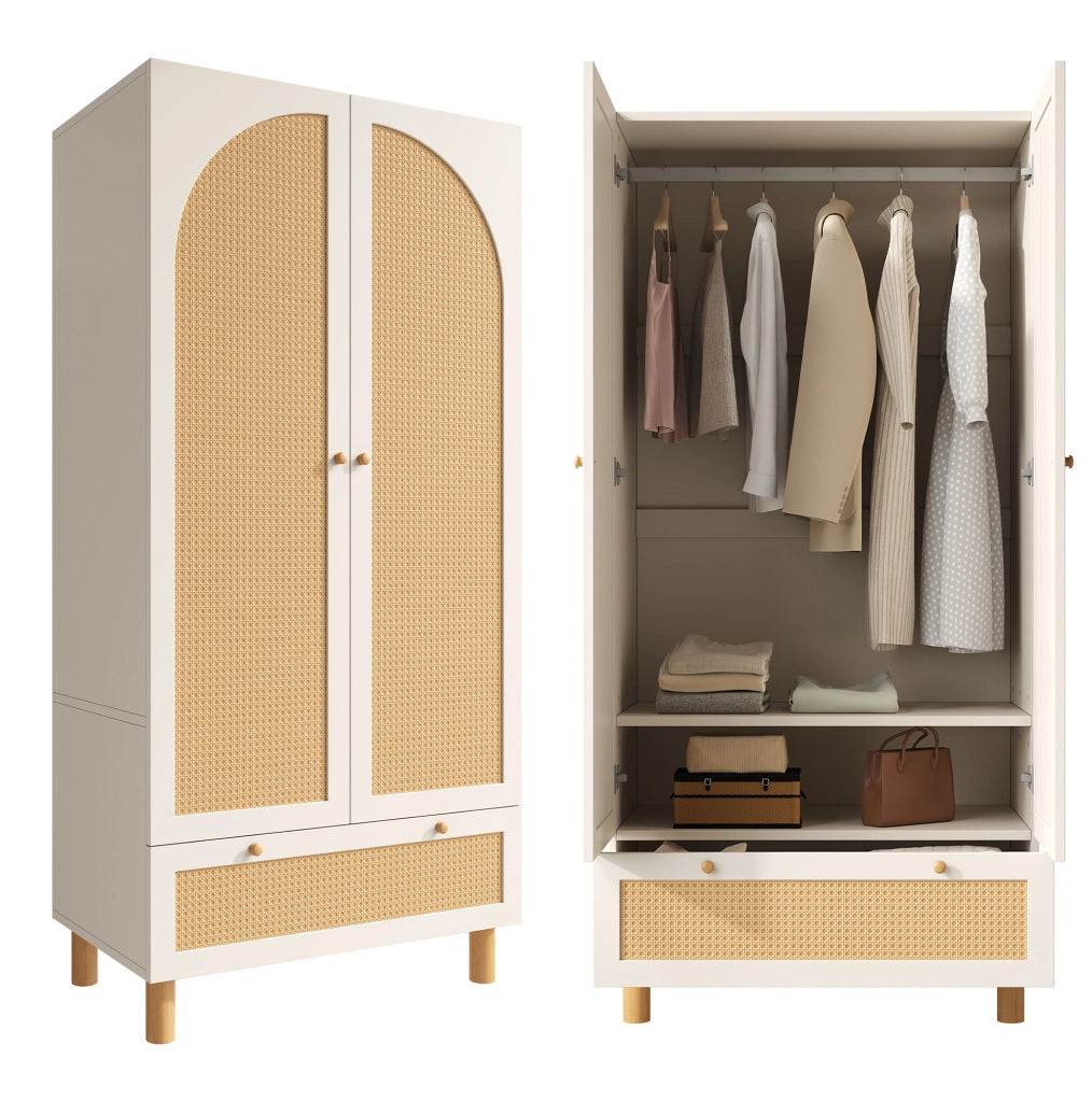 Armadio guardaroba 180.5x85.5x52 cm con cassetto e ripiani regolabili in legno bianco