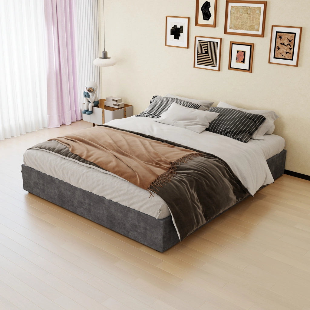 DESMIU Lit 160 × 200 cm 2 posti con testiera geometrica, senza materasso, in tessuto grigio e metallo