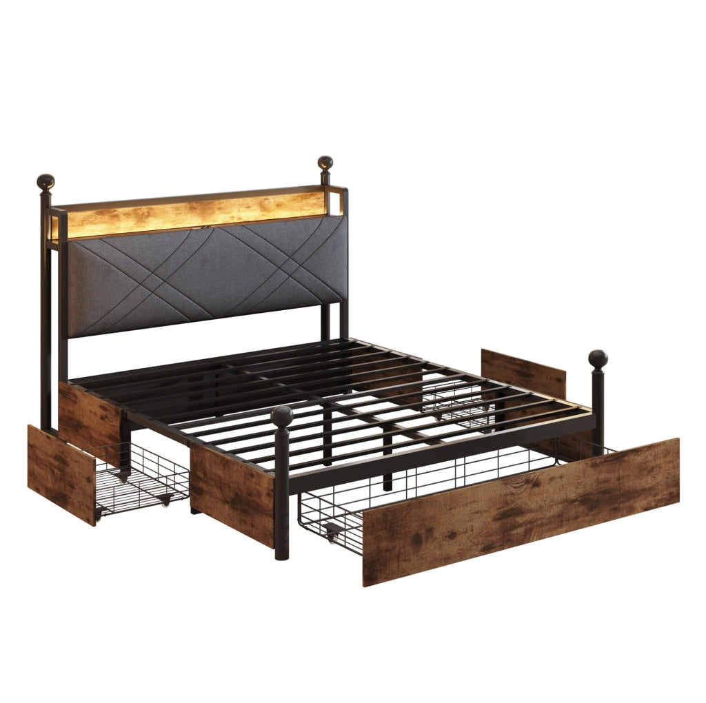 Letto a baldacchino multifunzione 140x190 cm con LED; USB/Type-C; cassetti; nero