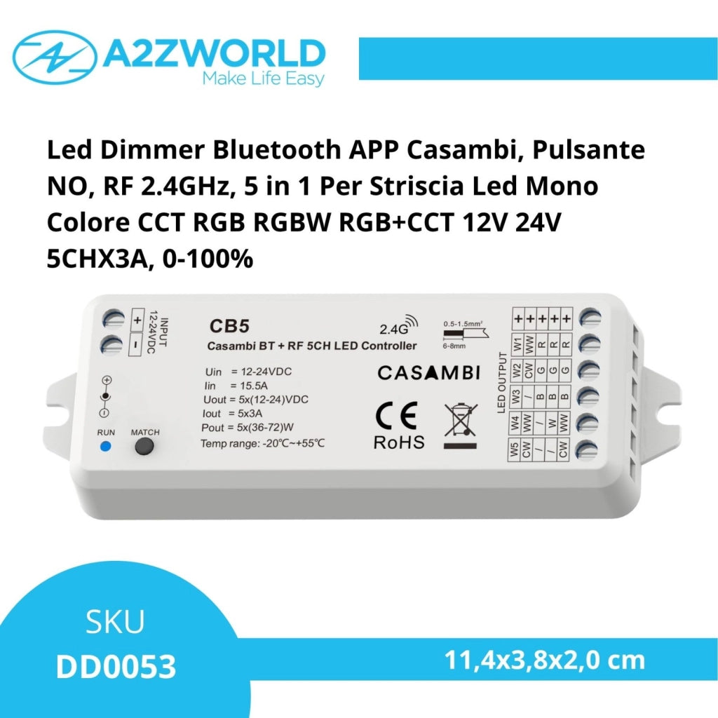 Led Dimmer Bluetooth APP Casambi, RF 2.4GHz, 5 in 1 Per Striscia Led Mono Colore CCT RGB RGBW RGB+CCT 12V 24V 5CHX3A, 0-100%