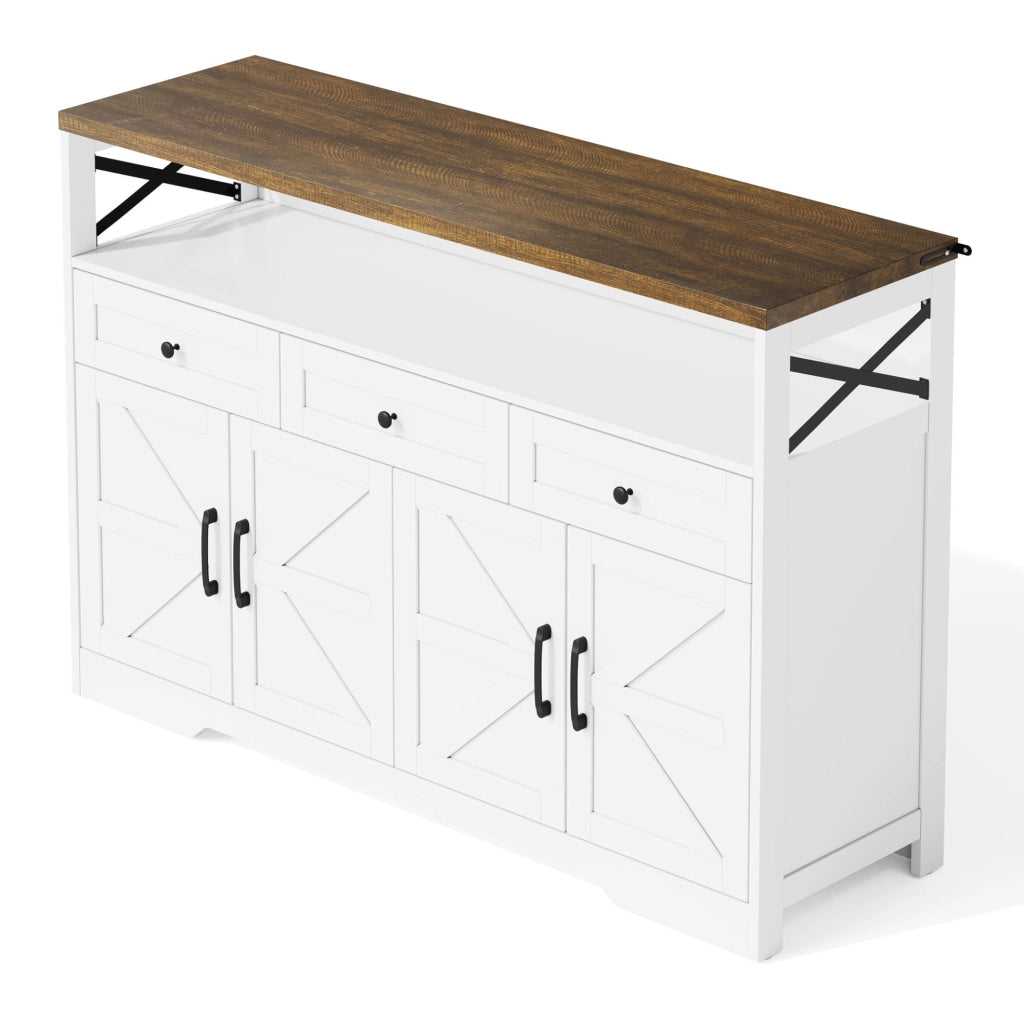 Buffet 140x35x95 cm con 3 cassetti; 2 ante e vano aperto; MDF bianco e marrone