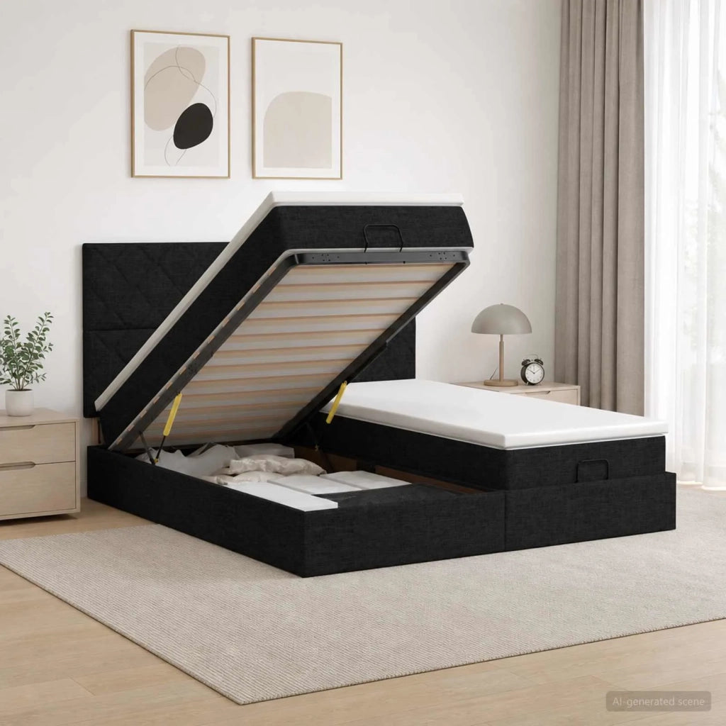 Letto ottomano con materasso con testiera 2 pz Nero Tessuto 3457871