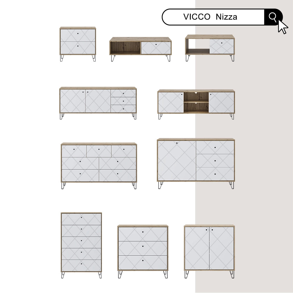 Vicco Cassettiera per camera da letto Artigianale/Bianco 140.2 x 82.6 cm con 7 cassetti